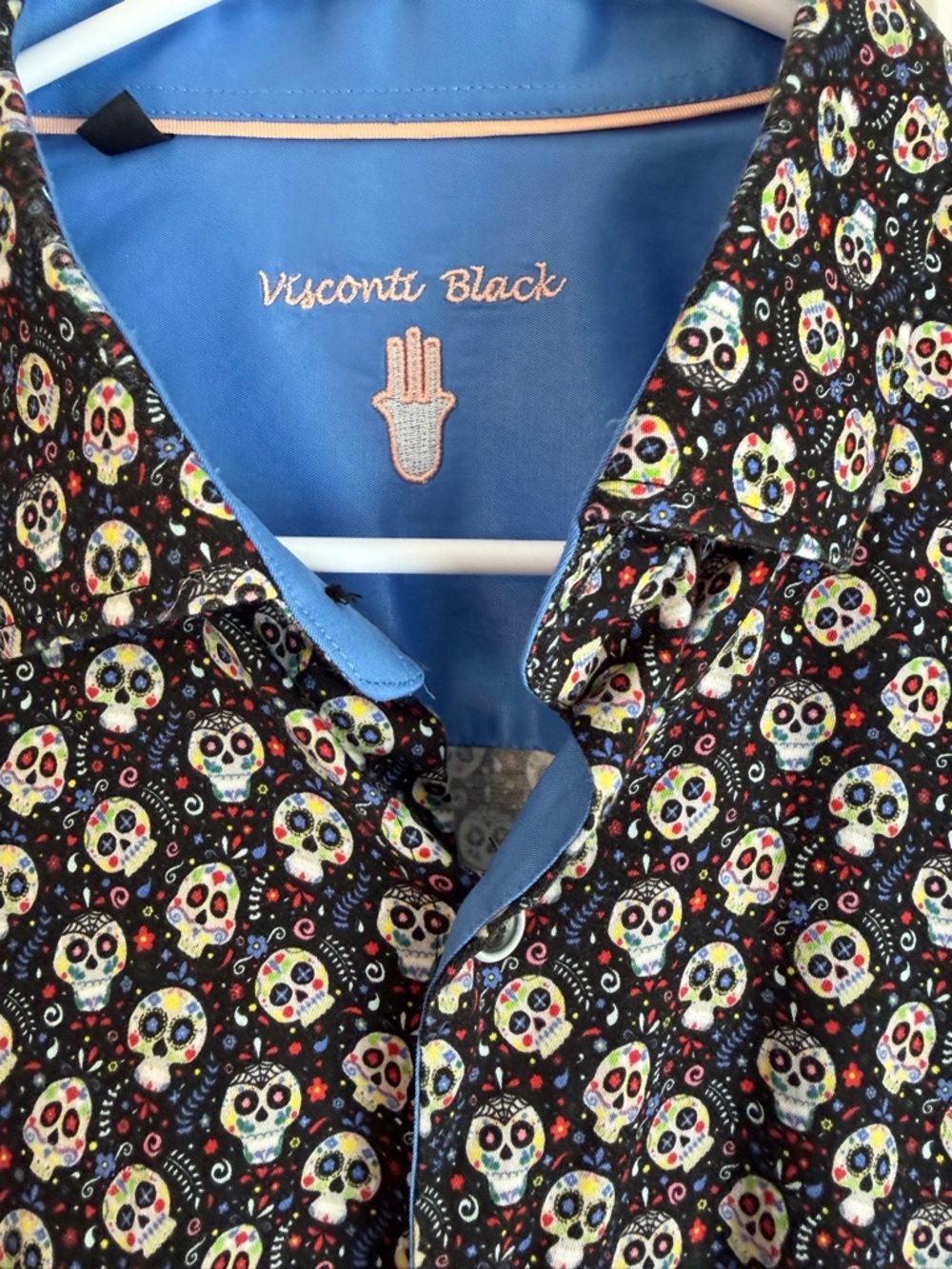 Visconti Black Men's Black Casual Button-Down Shirt with Colorful Skull Print